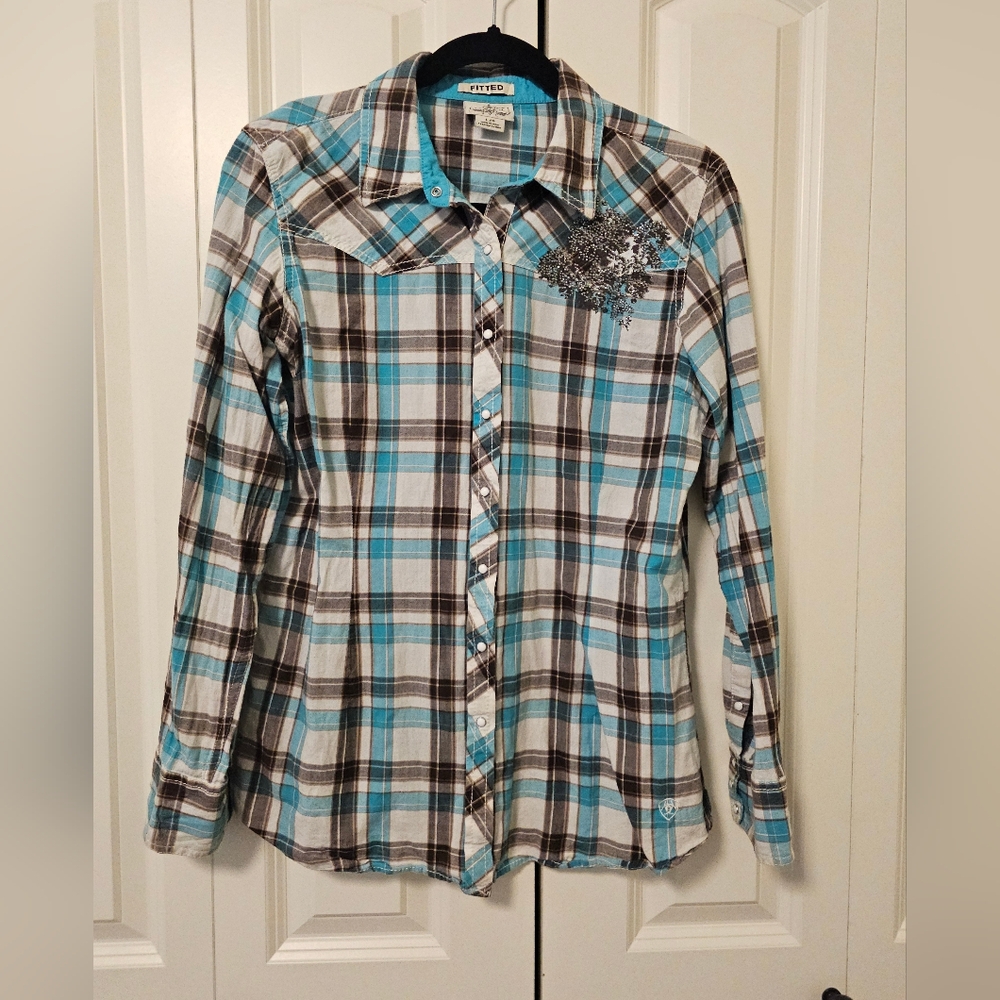 Ariat Women's Plaid Western Rodeo Fitted Shirt -  Snaps, SZ L